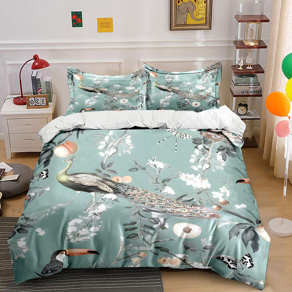 3PC Peacock Toucan Floral Bedd - Aesthetic Floral Duvet Cover ulasan dan harga