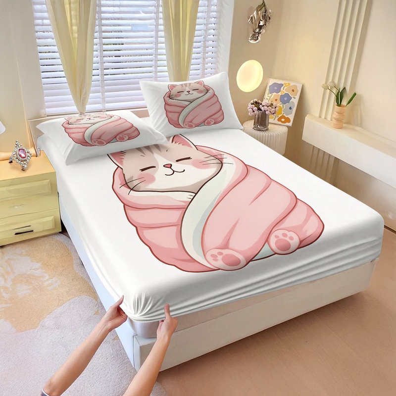 Cute Cat Print Fitted Sheet Se - Fitted Bed Sheets Deep Pocket ulasan dan harga