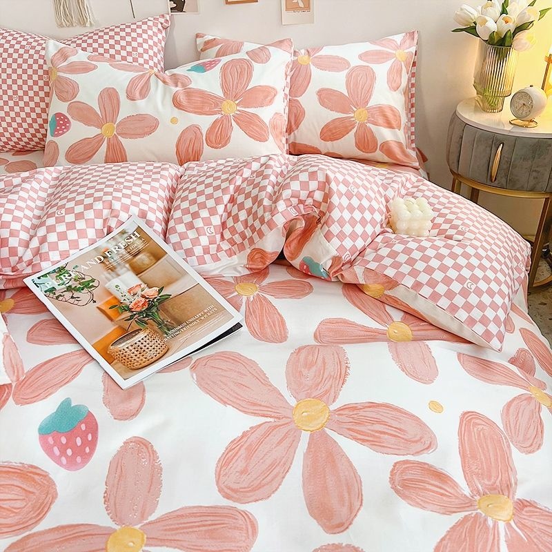 Ins Pink Flowers Bedding Set F - Aesthetic Floral Duvet Cover ulasan dan harga