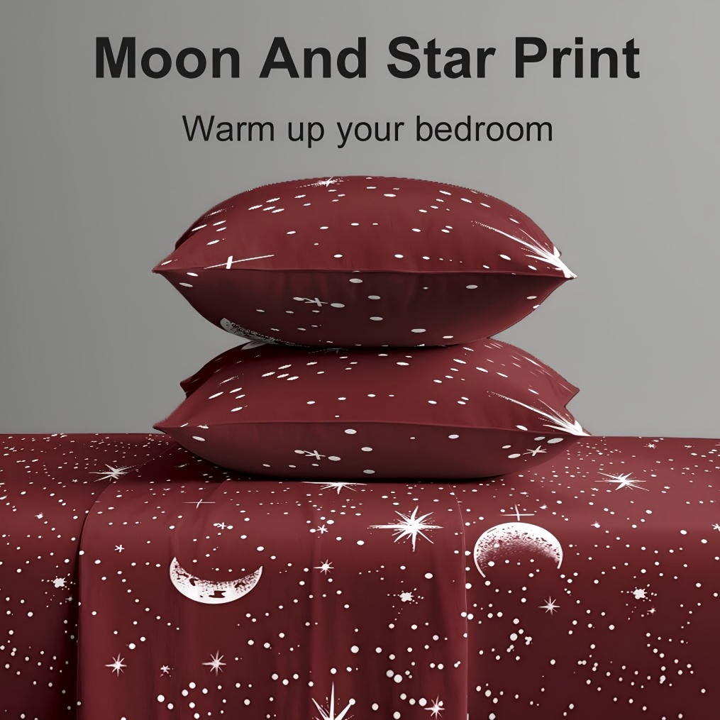 4Pcs Red Moon And Star Print M - Fitted Bed Sheets Deep Pocket ulasan dan harga