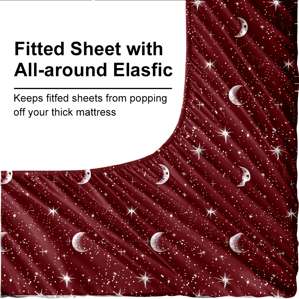 4Pcs Red Moon And Star Print M - Fitted Bed Sheets Deep Pocket ulasan dan harga